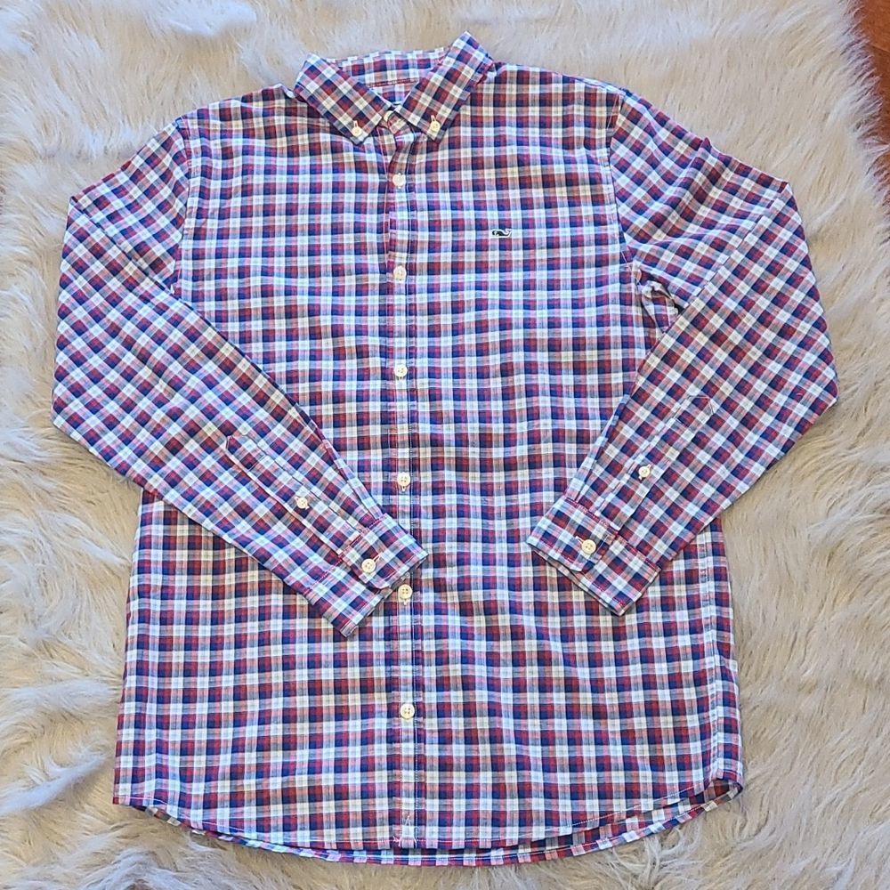 Vineyard vines boys red, blue and white long sleeve button down whale shirt